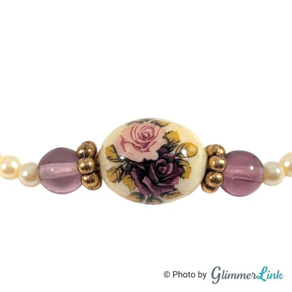1928 Company Faux Pearl Pink Purple Roses Beaded Necklace - Picture 6 of 9